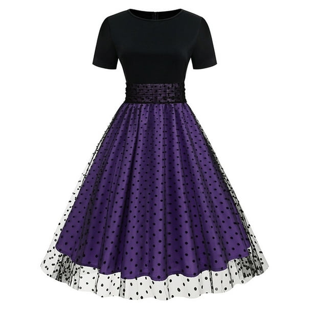 Puntoco Vestido Retro Informal De Verano Con Cuello Redondo Y Manga Corta Con Costuras De Lunares Para Mujer, Color Morado M,Regalos Para Mujer Joven