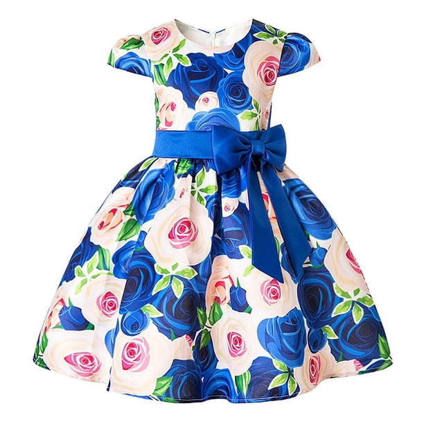 Hermosa de Niñas Flores Rosa Impreso De Moda Brillante Cuello Princesa Vacaciones Concierto Azul