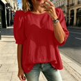 thumbnail image 4 of HongQid Women's Blouse Puff Short Sleeve Tops Crinkle Woven Round Neck Lightweight Shirt Loose Summer Casual Trendy Clothes, 4 of 7