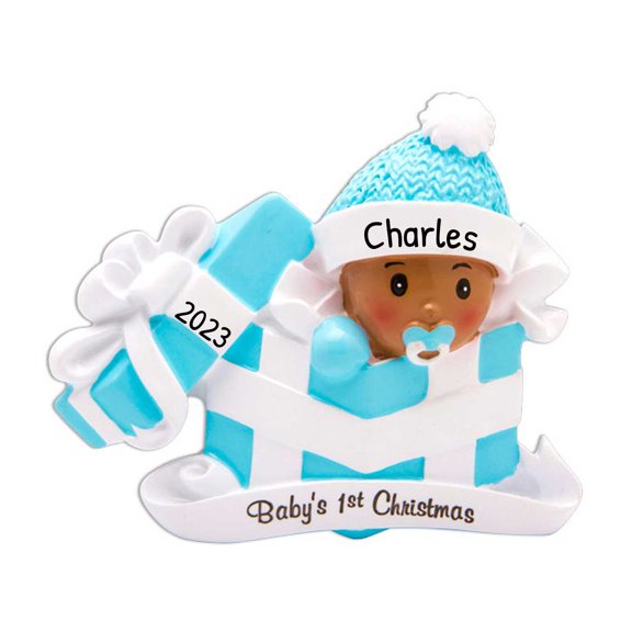Ornaments by Elves Personalized African American Baby in blue Present Ornament 2024 Decor .25lbs