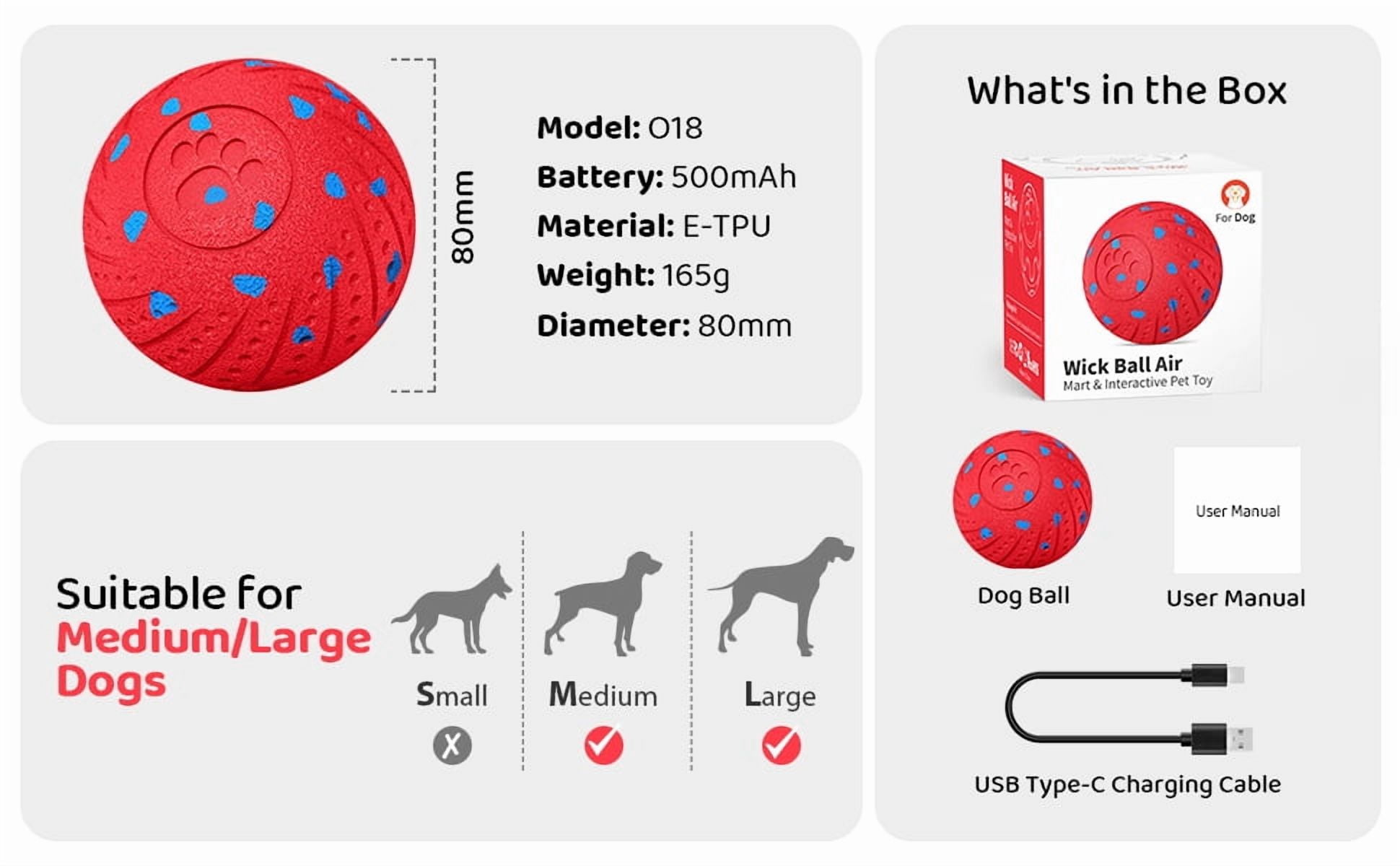Inadays Dog Toys Interactive Dog Ball Toys For Large Dogs Automatic Ball for Dogs Chew Resistant Rechargeable E-TPU Silent Foam IPX54 Waterproof Dog Toys for Medium/Large Dogs, Red
