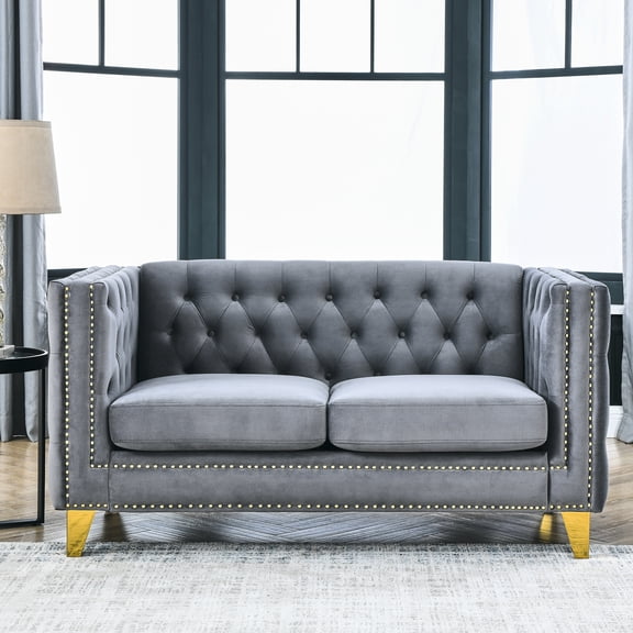Fashionable Grey Velvet With Square Arm And Metal Support Modern Armrest Button Tufting