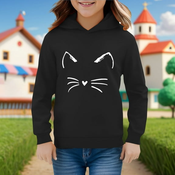 GBSYEWXS Sweatshirt For Girls Kids Soft Cat Print Casual Tops Hooded Comfortable Black Hoodies Size 2-3 Years