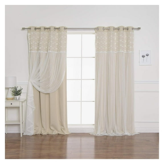 Floral Lace Overlay Thermal Insulated Blackout Curtains - Stainless Steel Grommet Top - Beige - 52"W x 96"L - (Set of 2 Panels)