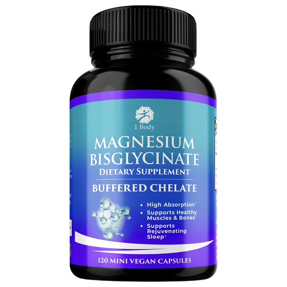 1 Body Magnesium Bisglycinate Chelated 44 mg Supplement 120 Vegan Capsules -  Reduce Muscle Cramps and Improve Sleep