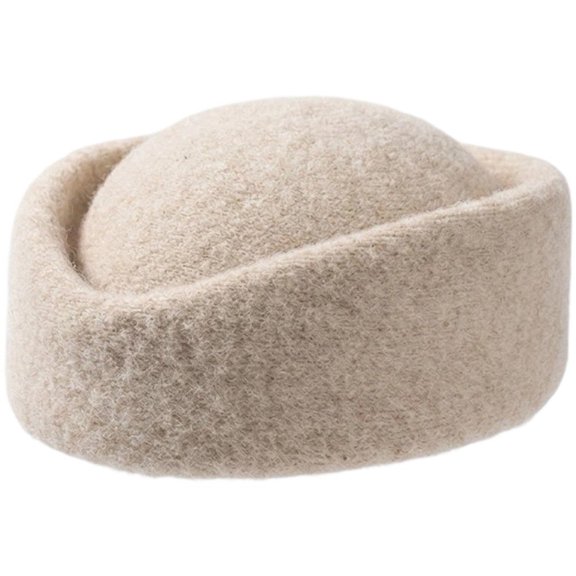 Hsqqdc Wool Blend Polyester Beige Vintage Stewardess Beret Hat 22-22.8 Inch Pillbox Headwear 1-Piece