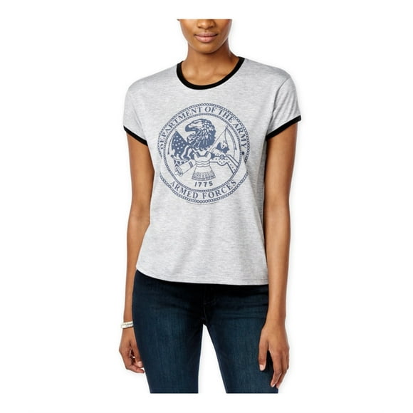 Mighty Fine Womens Armed Forces Ringer Graphic T-Shirt, Grey, Juniors, Large