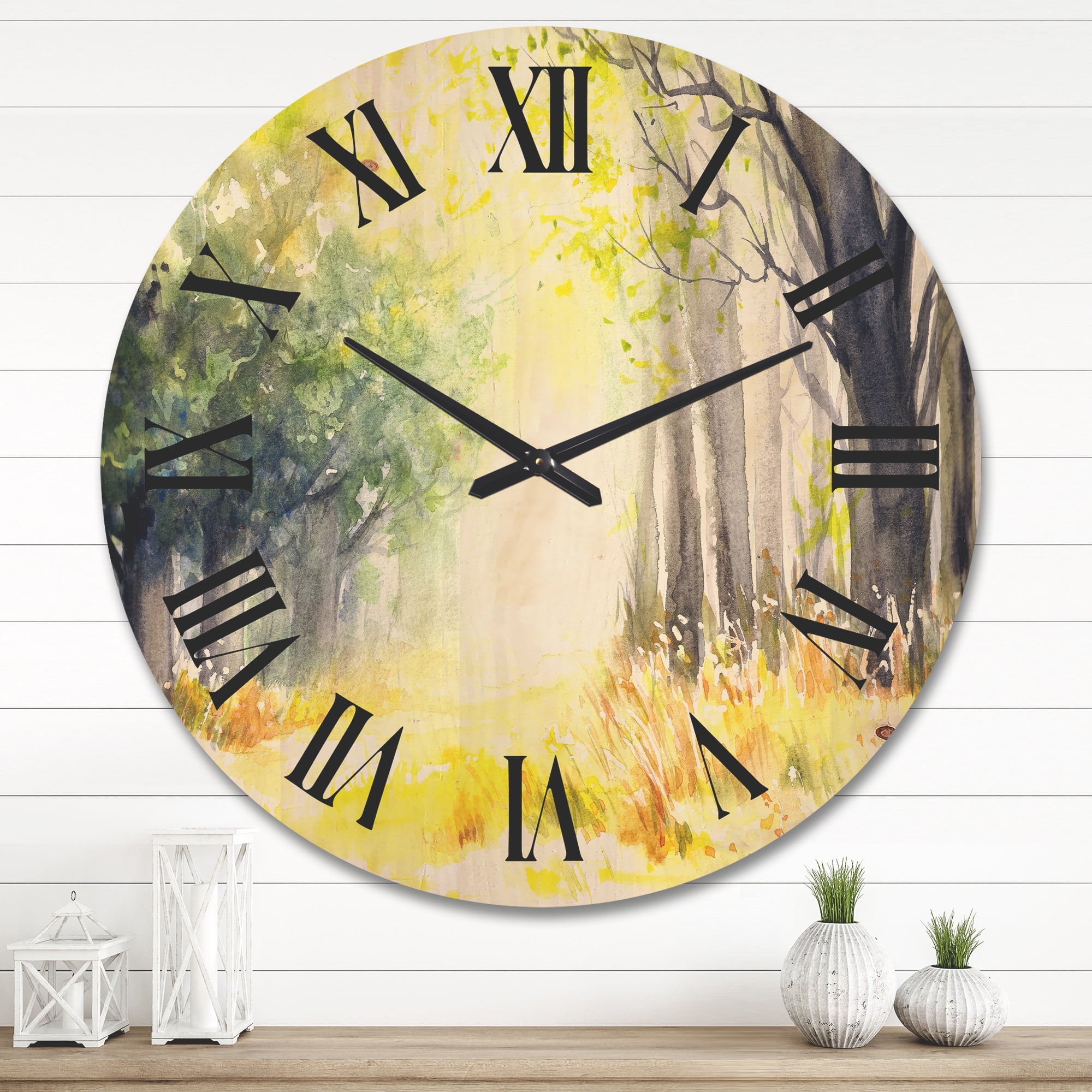 Designart 'Bright Sunshine Through The Yellow Forest Trees III' Traditional Wood Wall Clock