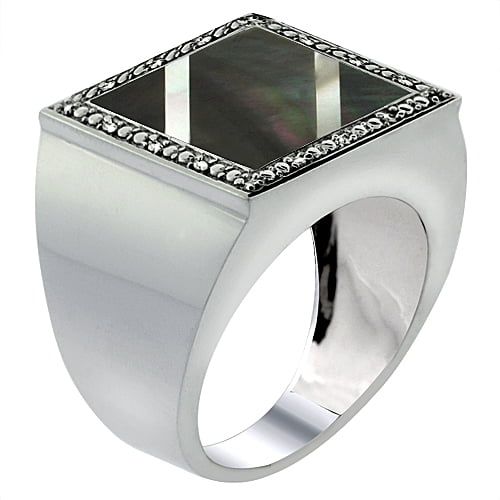 10k White Gold Diamond Natural Onyx & Mother of Pearl Mosaic Ring Square Stripe 9/16 inch wide, size 11