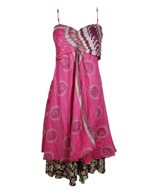 Mogul Women Pink Vintage Recycled Sari Printed Sundress Layered Spaghetti Strap Beach Summer Dresses S/M