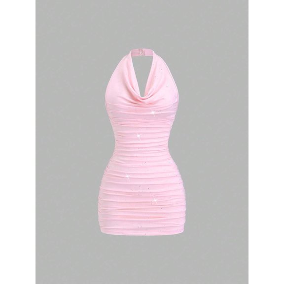 Pink Womens Halter Neck Ruched Bodycon Mini Dress With Sparkling Glitter Detail