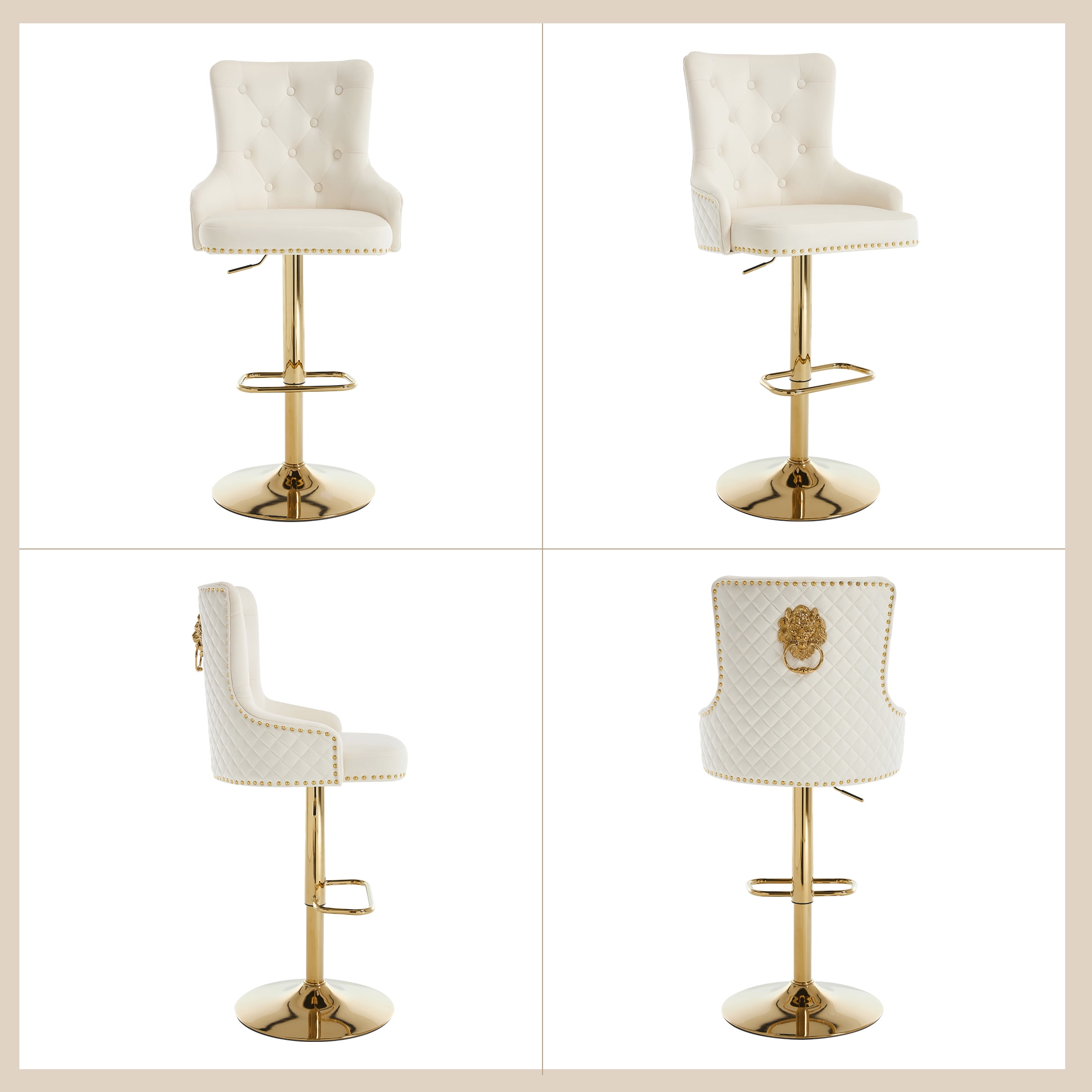 Velvet Gold Bar Stools Set of 4 Modern Counter Height Bar Stools with Lion Pull Ring Tufted Back, Nailhead Upholstered Barstools for Home Kitchen Island, Swivel Adjustable Stool Chair in Cream