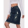 thumbnail image 5 of Blue High Waist Ripped Denim Midi Skirt With Fringe Hem, 5 of 12