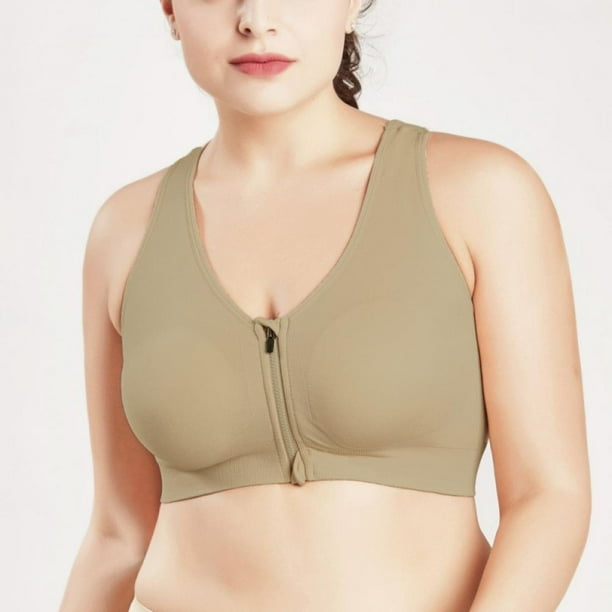 Plus Size Sports Bras,Women's Zip Front Sports Bra Wireless Post