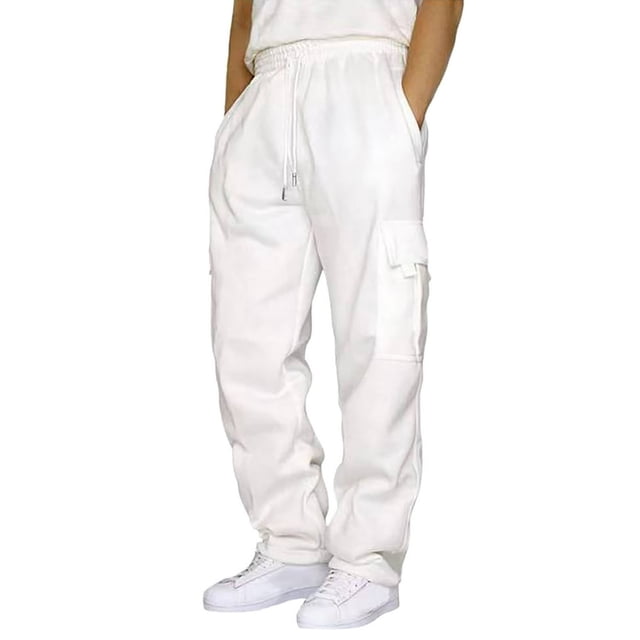 Men‘s Fitness Running Pants Lace Up Loose Waist Wide Foot Solid Color Pocket Loose Wool Sweatpants