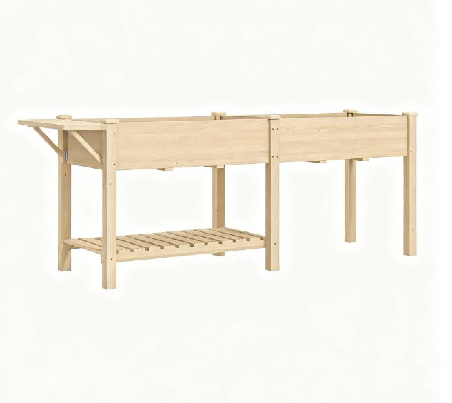 Elevated Garden Bed, Wood Raised Garden Box with Side Table, Bottom Shelf, Bed Liners and Drainage Holes