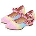 thumbnail image 2 of Rainbow Glitter Mary Jane Dress Shoes for Girls with Rhinestone Bow Size 3, Big Kids Low Block Heel Princess Party Shoes, 2 of 7