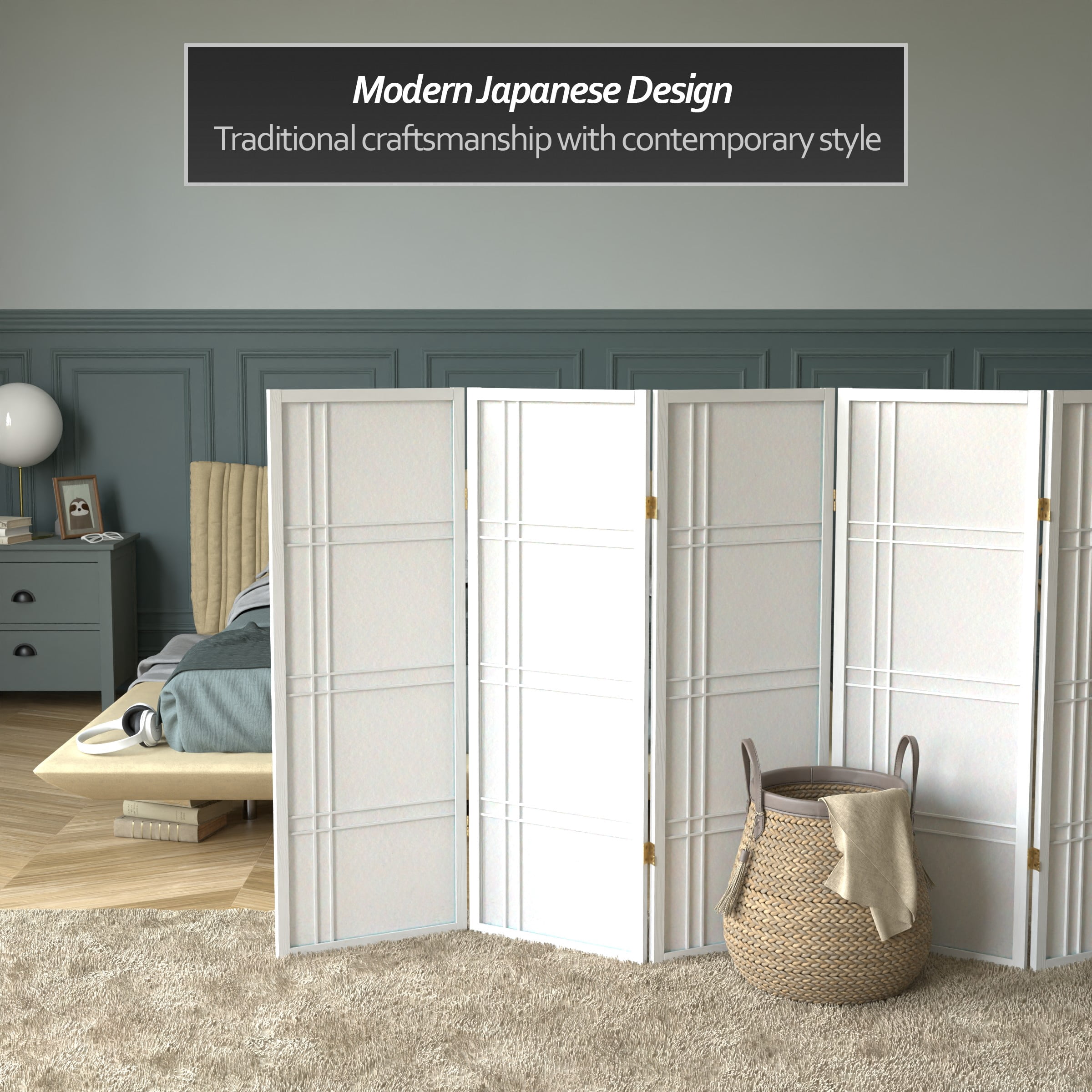 4 ft. Tall Japanese Design Double Cross Lattice Screen - White - 6 Panels