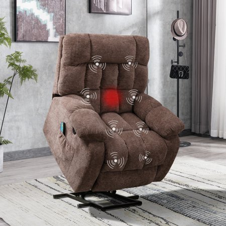 Ebello Home Inc Power Lift Assit and Massage Recliner Chair for Elderly Pillow Top Arms Cushion Back Power Lift Coffee Brown Fabric Americana, Modern