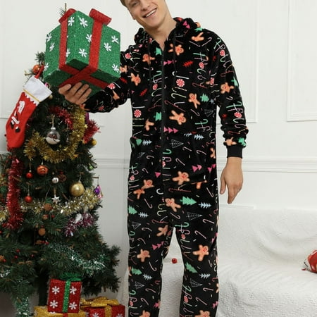 

Men‘s Print Zipper Front Hooded Christmas One Piece Pajamas