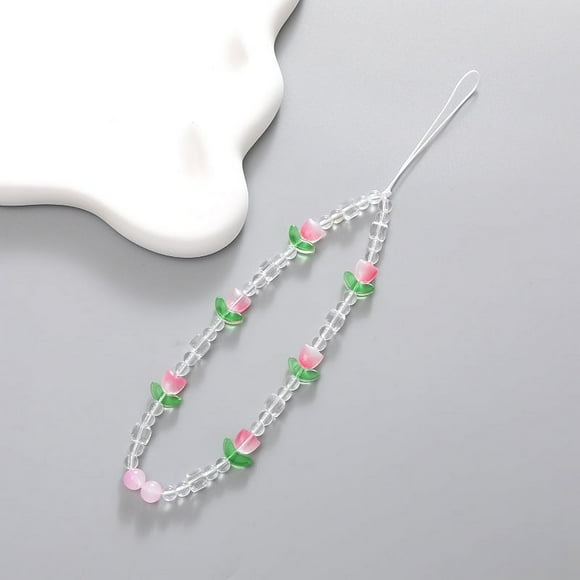 Pink Tulip Flower Beaded Phone Chain Girl Beaded Chain Phone Case Pendant Universal Mobile Phone Accessories Supplies White