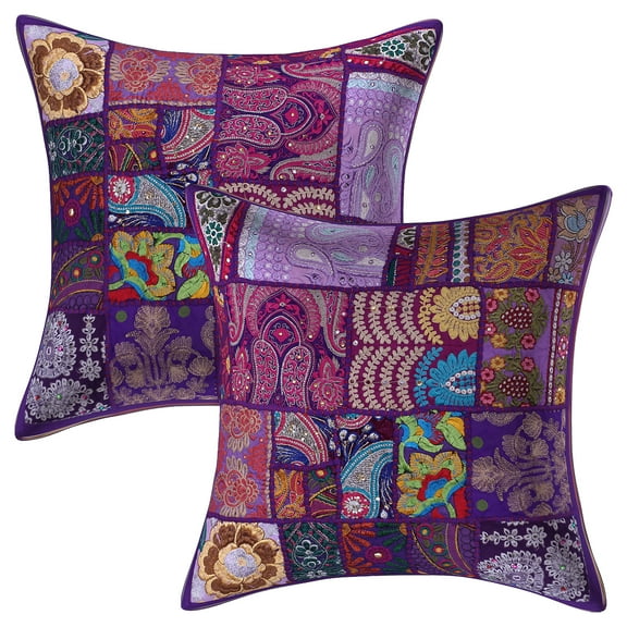Stylo Culture Ethnic Cotton Decorative Throw Pillow Covers Purple 18 x 18 Bohemian Vintage Patchwork Ethnic Sofa Cushion Covers 45x45 cm Home Decor Abstract Square Pillow Cases | Set Of 2