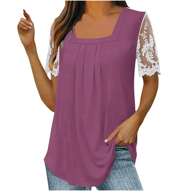 AherBiu Womens Tunic Tops to Wear with Leggings Mesh Lace Short Sleeve Square Neck Ruched Loose Shirt Blouse