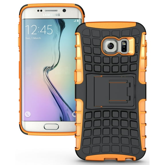 NAKEDCELLPHONE'S NEON ORANGE GRENADE GRIP RUGGED TPU SKIN HARD CASE COVER STAND FOR SAMSUNG GALAXY S6 EDGE SM-G925 PHONE