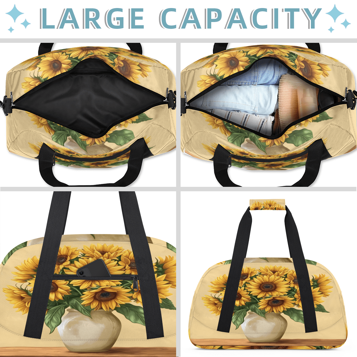 Herdesigns Sunflower Sports Duffle Bag for Women & Men, Yellow Flower Floral Gym Bag Dance Bag Overnight Bag Carry On Weekender Travel Bag