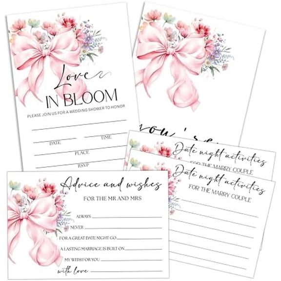 Pink Bow Wedding Shower Invites With Envelopes, Love In Bloom Bridal Shower Invites, Advice And Wishes For The Mr And Mrs, Engagement Party Decor, Date Night Well Wishes Card -A02$$Office