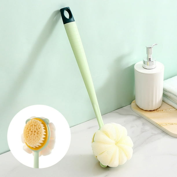 Cepillo de ducha de mango largo | Cepillo de espalda de doble cara para hombres y mujeres | Cerdas suaves de nailon para una exfoliación suave | Cepillo corporal verde y rosa | Cepillo de baño de 35