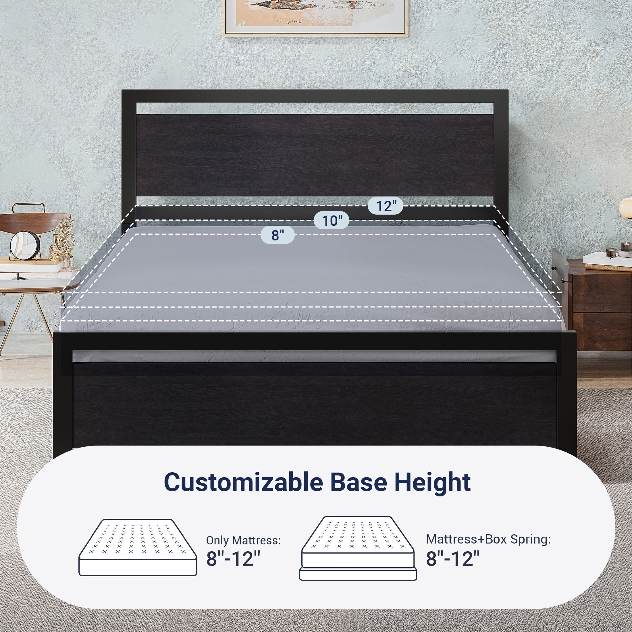 Allewie Full Bed Frame, Metal Platform Bed Frame with Wooden Headboard, 12.4" Under-Bed Storage, Black