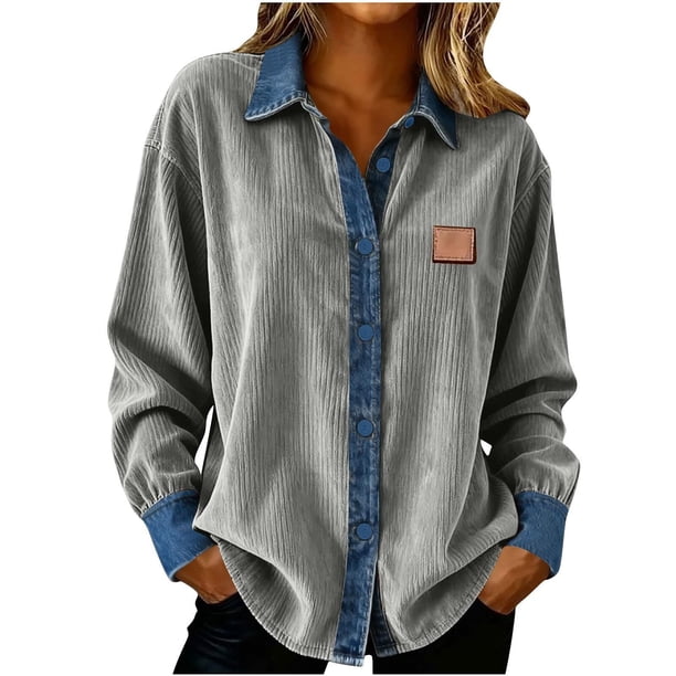 Camisas de retales de mezclilla for mujer, camisa con botones de solapa, blusa informal de negocios de manga larga con bloques de color sueltos