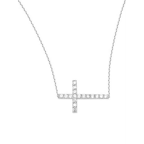 14K White Gold Sideways Cross Diamond Necklace. Adjustable Cable Chain 16" to 18"
