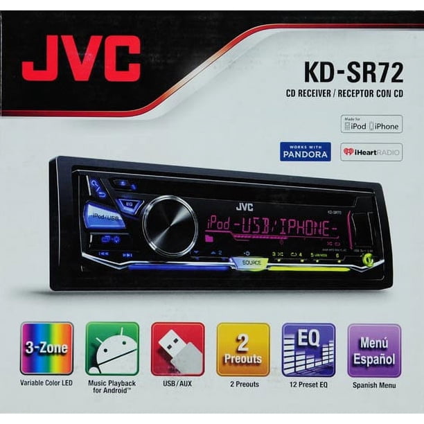 JVC KD-SR72 In-Dash CD Receiver, Front USB/AUX Input, Apple