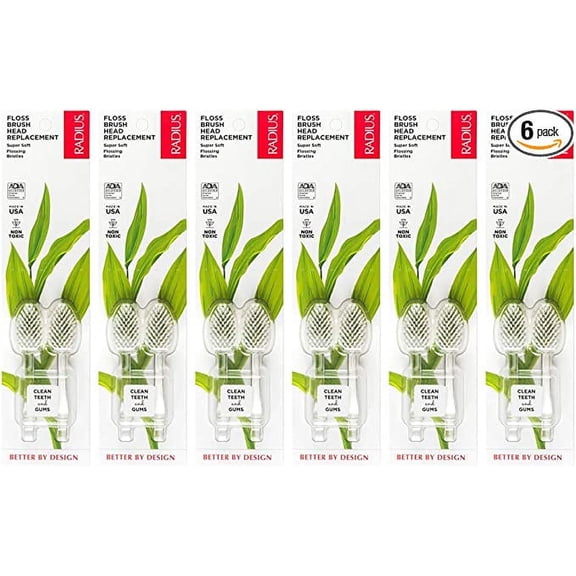 RADIUS Toothbrush Replacement Heads Super Soft Flossing Bristles 2-Count Improve Gum Health & Reduce Gum Issues - Pack of 6