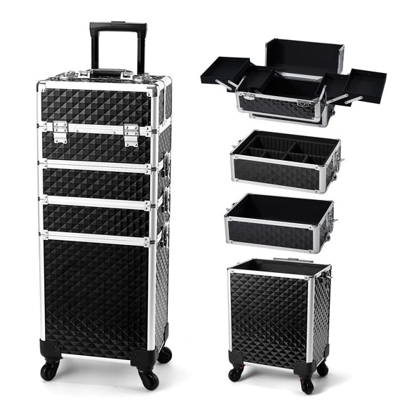Yueieoun Professional Rolling Makeup Case with Wheels, 4-in-1 Makeup Train Case, Cosmetic Makeup Trolley Cart Travel Cosmetology Case On Wheels with Key fo