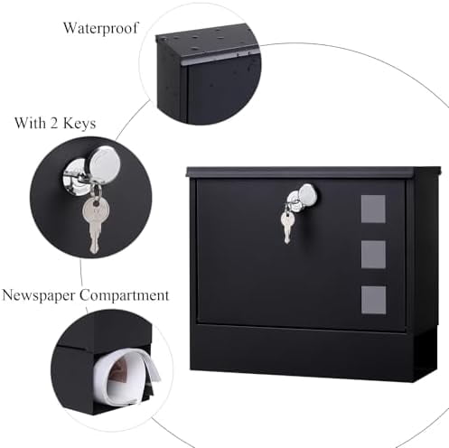 Locking Mailbox Wall Mount for Outside–  Mailboxes with Key Lock for Front Door Fence, Large Capacity Letter Box, 14.3 x 4.1 x 11.8 Inch, Black, SM-HPB911BN