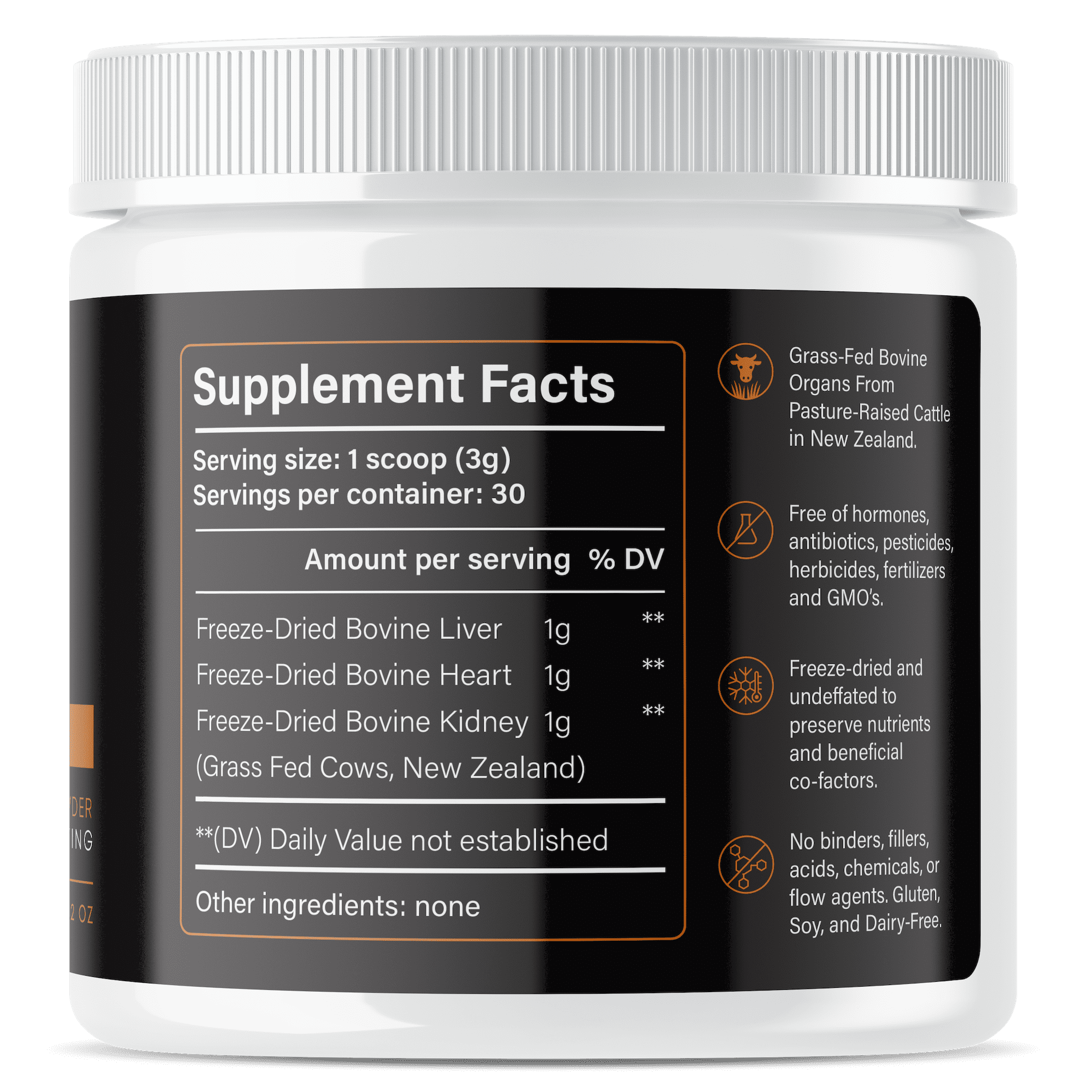 Grass Fed Beef Organ Powder with Liver, Heart & Kidney, Freeze-Dried Whole Food Organ Supplement, 90g