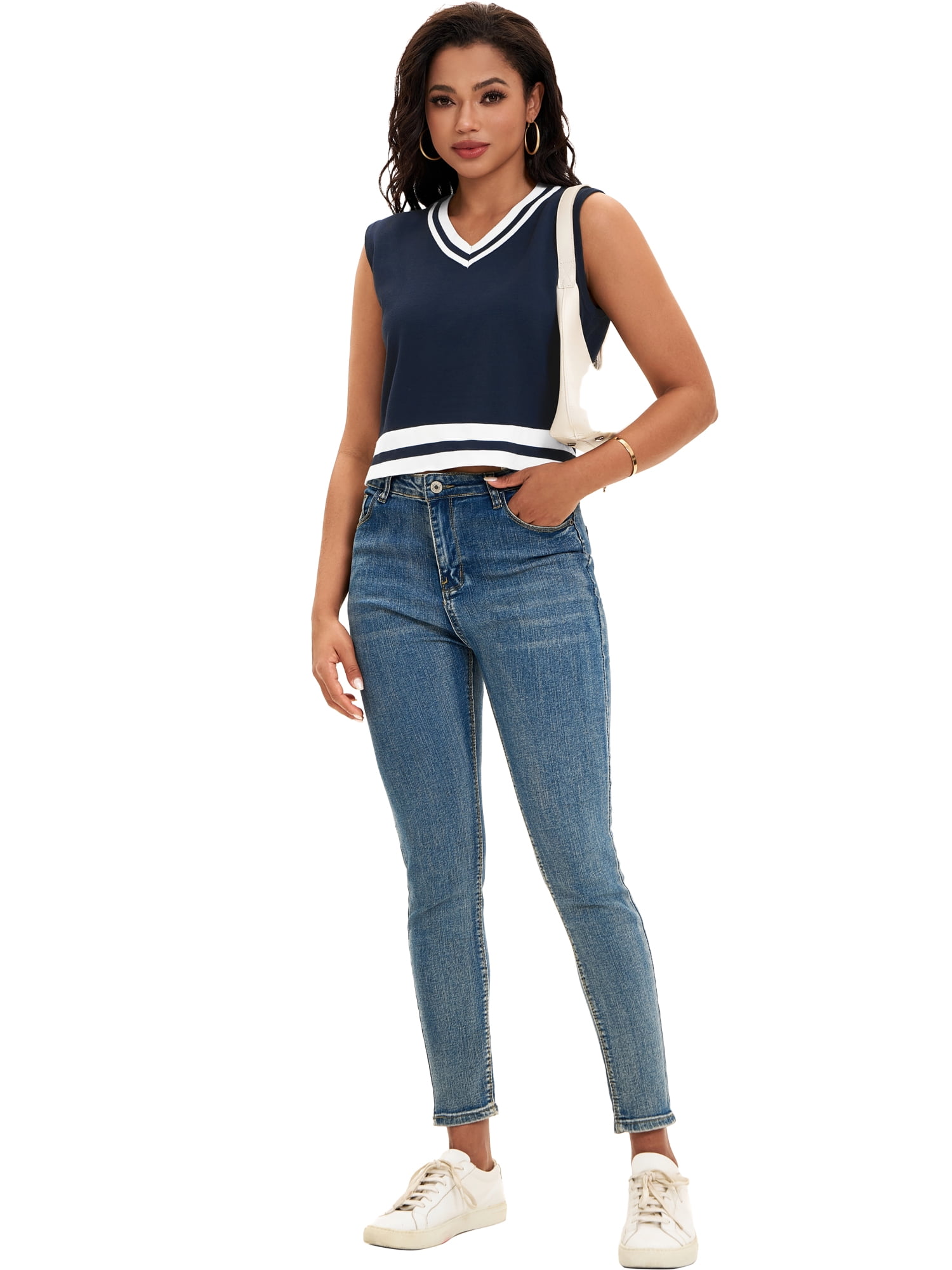 DARING DIVA Women's Cropped Sweater Vest Summer Tank Tops S Dark Blue White