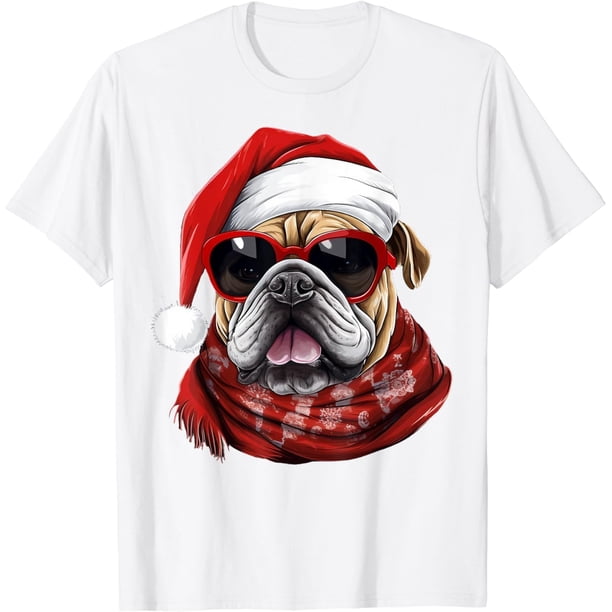 Bulldog - anteojos de sol con sombrero de Papá Noel, playera de Navidad para perro, 100% algodón, unisex