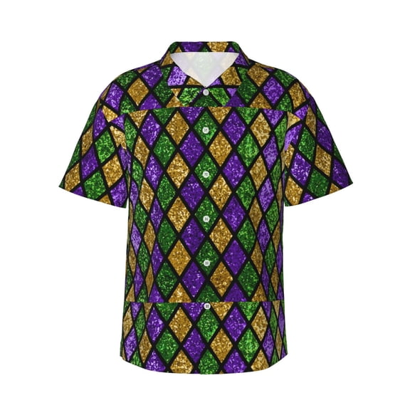 Rateoe Mardi Gras Shiny Green Purple Pattern Men’s Hawaiian Shirt – Short Sleeve Button-Down Tropical Beach Shirt, Lightweight & Breathable Casual Aloha Shirt with Pocket,