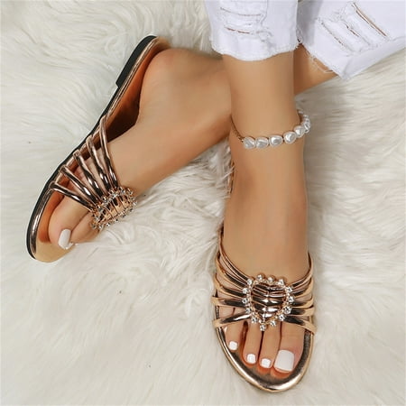 

Aayomet Womens House Slippers Women s Slip on Flat Sandals Casual Bling Rhinestone Strap Sandals Open Toe Slide Sandals Gold 6.5
