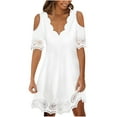 thumbnail image 2 of Summer Saving Wycnly Womens Dresses Party Prom Sexy Lace Patchwork Cold Shoulder Swing Tunic Short Dresses Summer Solid V-Neck Short Sleeve Formal Mini Dress White m, 2 of 7