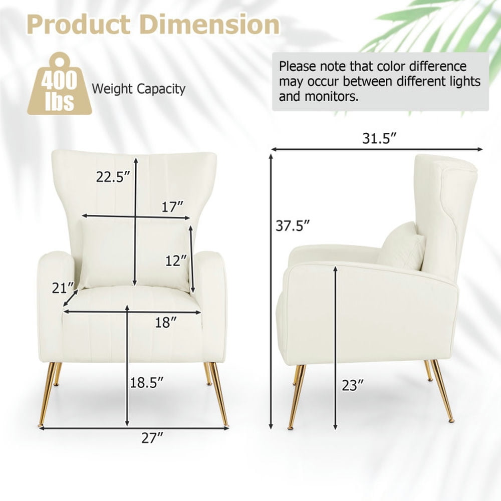 Finihen Accent Chair, Wingback Accent Armchair, Modern Accent Chair, Velvet Upholstered Wingback Chair with Lumbar Pillow and Golden Metal Legs, for Living Room, Bedroom, White Finihen Accent Chair, Wingback Accent Armchair, Modern Accent Chair, Velvet Upholstered Wingback Chair with Lumbar Pillow and Golden Metal Legs, for Living Room, Bedroom, White