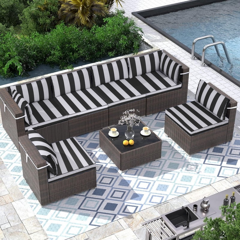 14 Pieces Outdoor sectional cushions replacement set, 4in thick patio furniture cushions, Waterproof Outdoor Couch Cushion,deep seat patio cushions For 6 Seat（Black white）