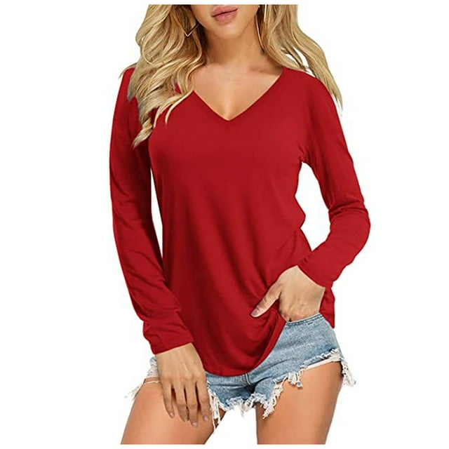 Blouse à Manches Longues pour Femmes Dame Mode Haut pour Femmes Couleur Unie Ample à Manches Longues Col en V Blouse Décontractée