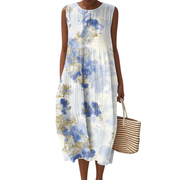 Women's Summer Maxi Dress 2060 Sleeveless Round Neck Floral Elegant Temperament Dress Casual Loose Long Beach Sundress Travel Vacation Outfits