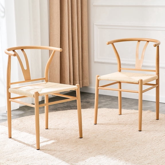 JUFU Dining Chairs Set of 2, Y Back Dining Chairs with Linen Seat, Metal Frame Wishbone Style Kitchen Chairs, Mid Century Modern Accent Chairs for Dining Room