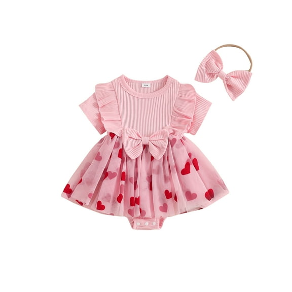 Suealasg Baby Girl Valentines Day Romper Dress Short Sleeve Heart Print Tulle Skirt Jumpsuit Bow Headband